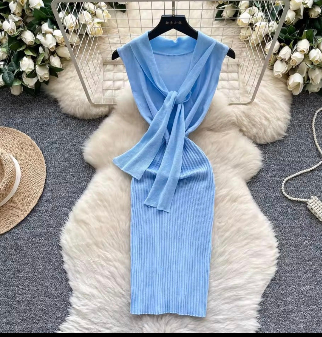 Robe courte bleu ciel avec nœud