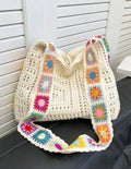 Sac bandoulière blanc crème style bohème coloré avec motif crocheté à carreaux